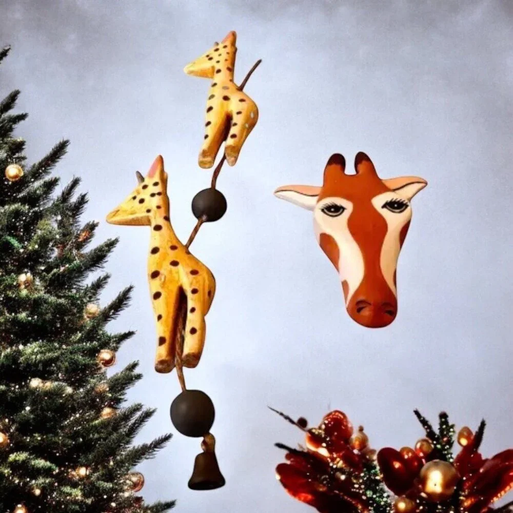 Giraffe Decor Hanging Ornament Vintage Wood + Fabric - Lot of 3 as is flaw